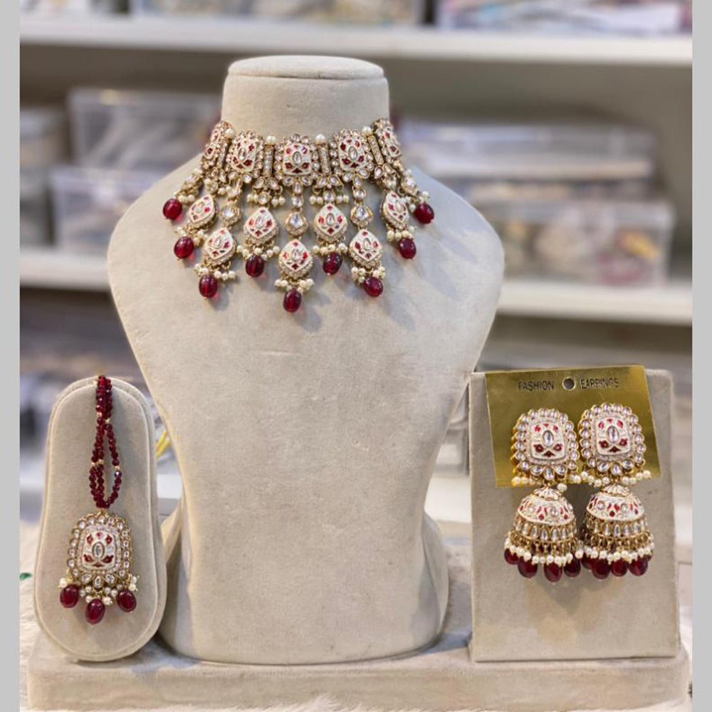 Hira Collections Gold Plated Kundan And Beads Meenakari Choker Necklace Set