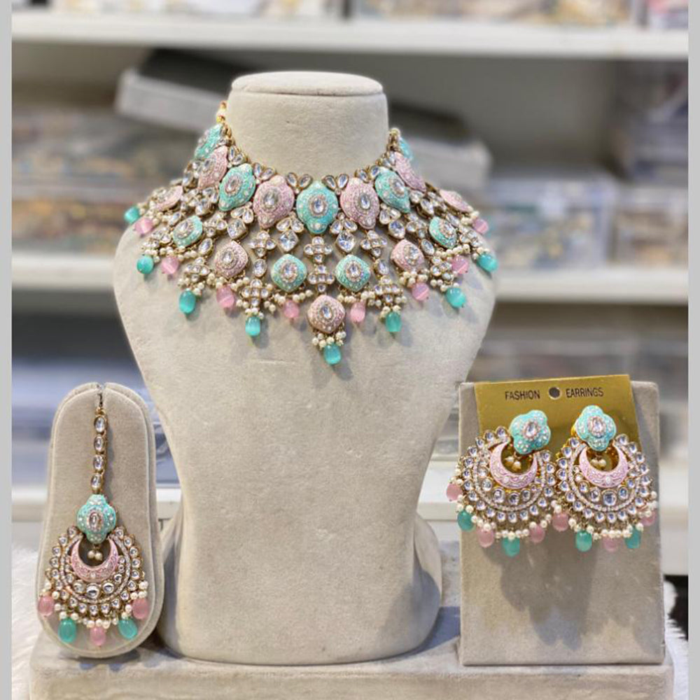 Hira Collections Gold Plated Kundan And Beads Meenakari Choker Necklace Set