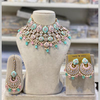Hira Collections Gold Plated Kundan And Beads Meenakari Choker Necklace Set 