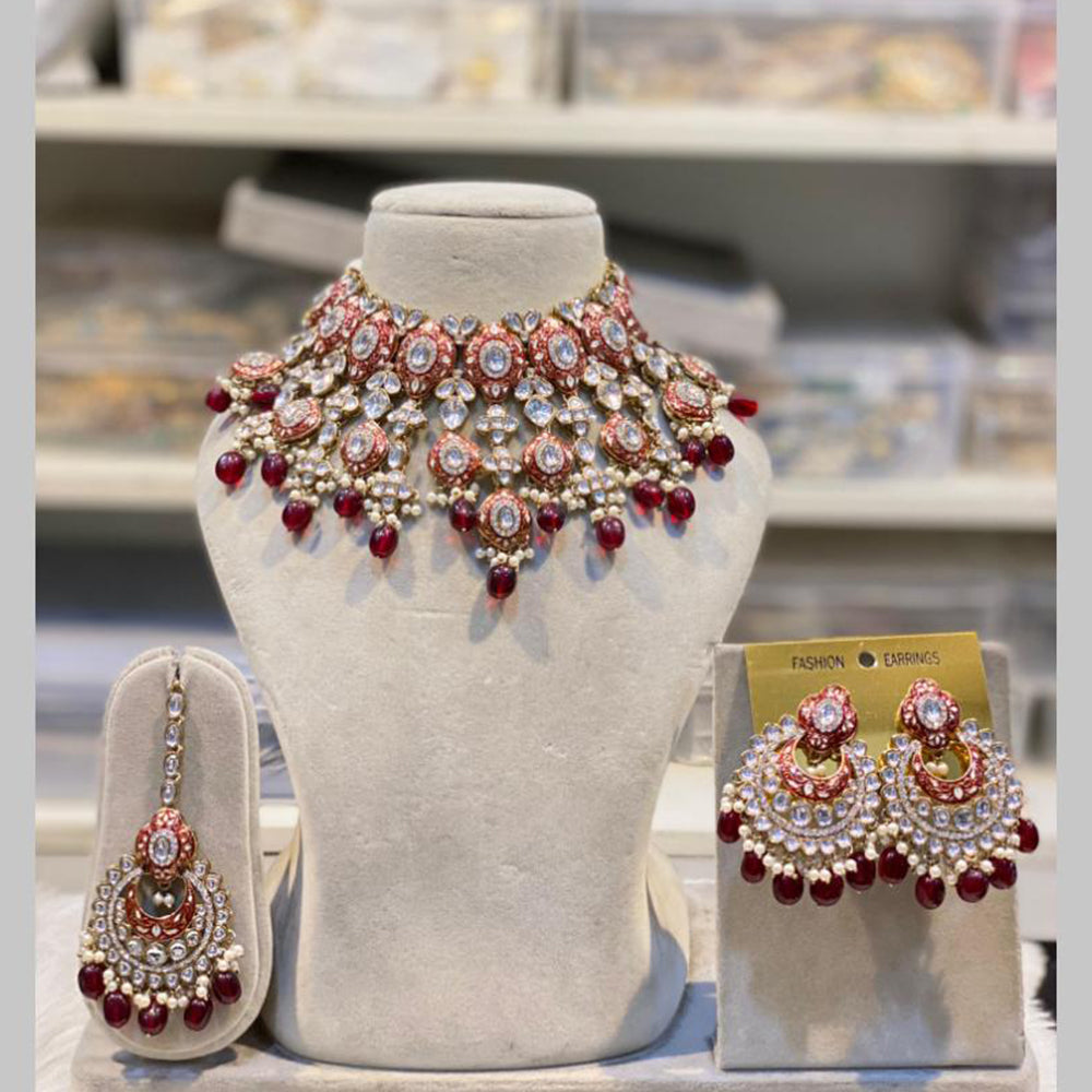 Hira Collections Gold Plated Kundan And Beads Meenakari Choker Necklace Set
