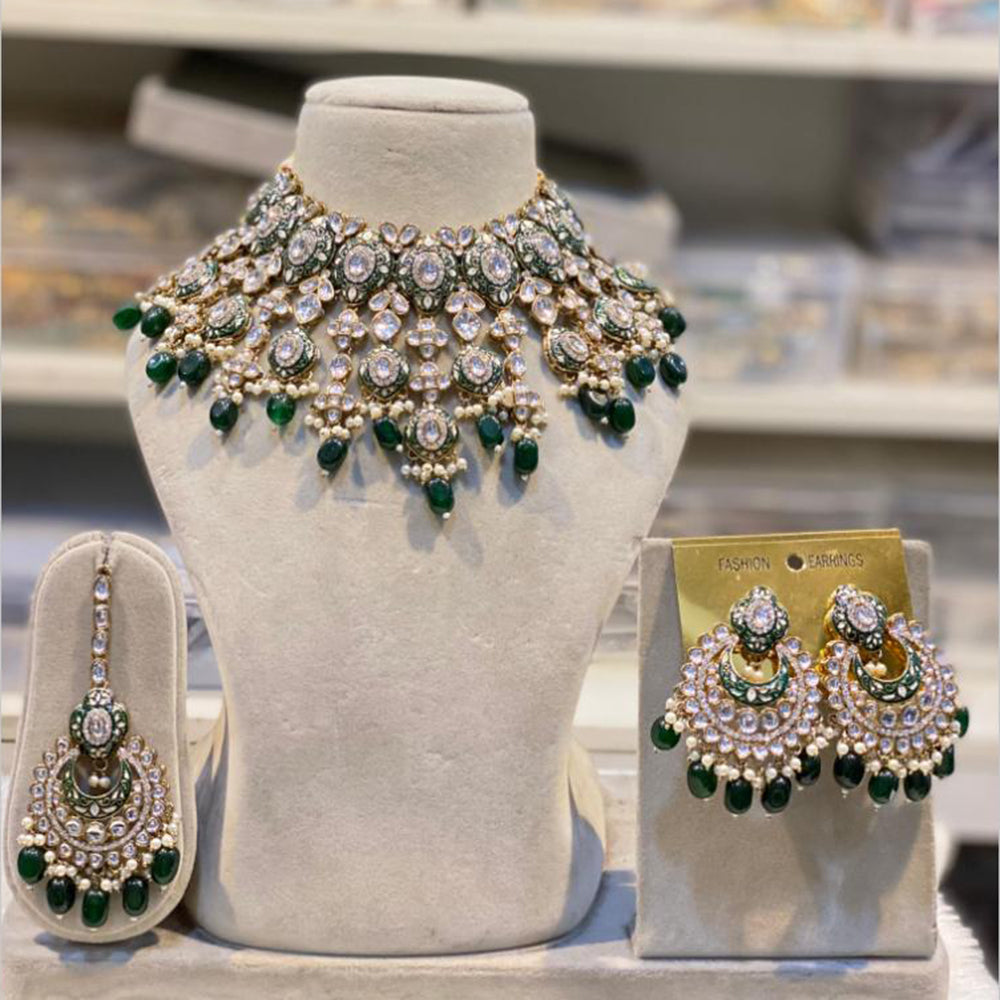 Hira Collections Gold Plated Kundan And Beads Meenakari Choker Necklace Set