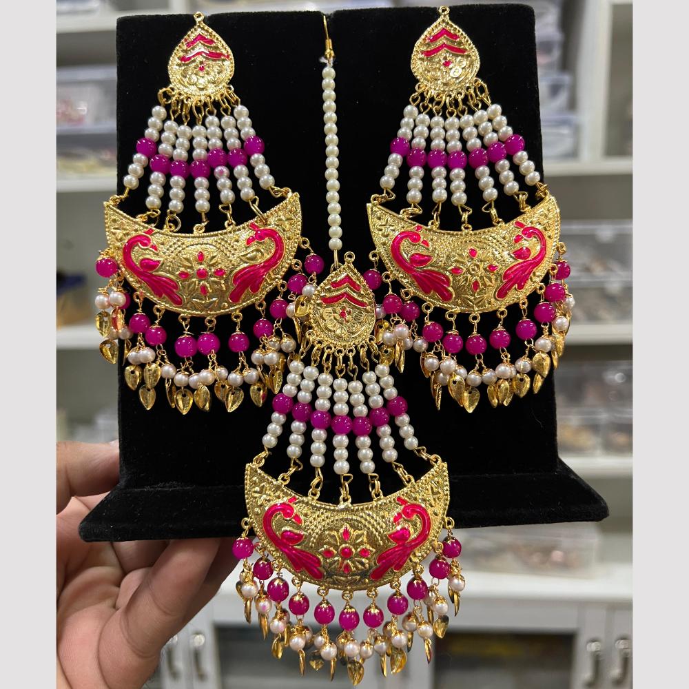 Hira Collections Gold Plated Meenakari And Beads Dangler Earrings With Maang tikka