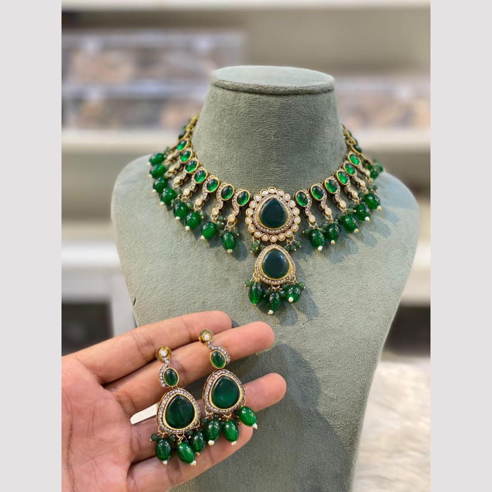 Hira Collections Gold Plated Pota Stone And Beads Choker Necklace Set