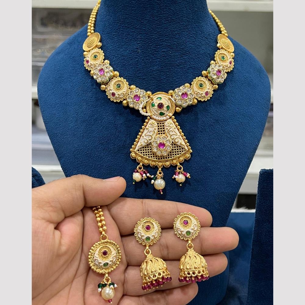 Hira Collections Gold Plated Pota And Meenakari Necklace Set