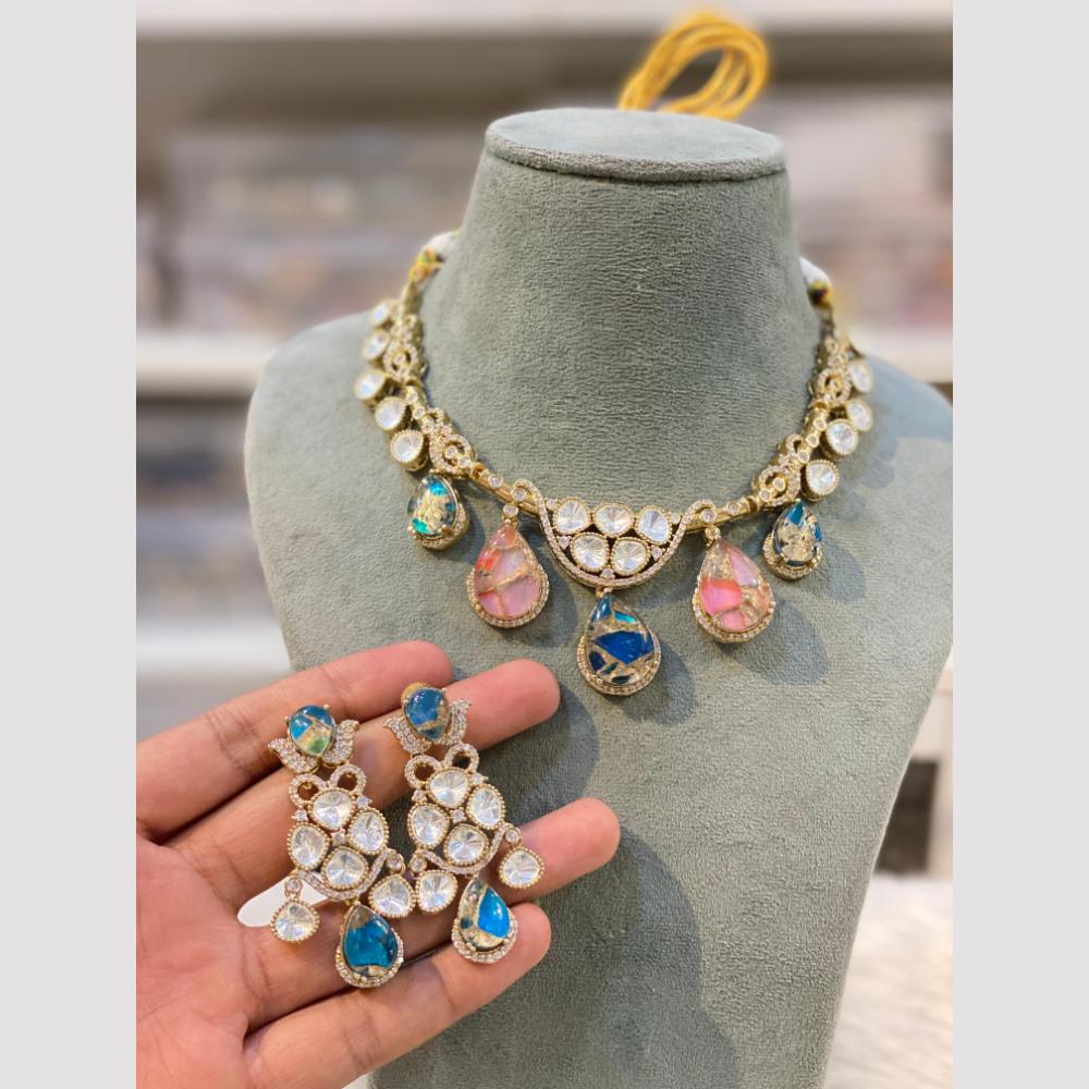 Hira Collections Gold Plated Polki Kundan And Druzy Stone Necklace Set
