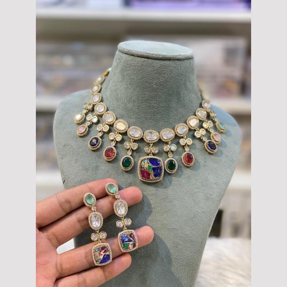 Hira Collections Gold Plated Polki Kundan And Druzy Stone Necklace Set