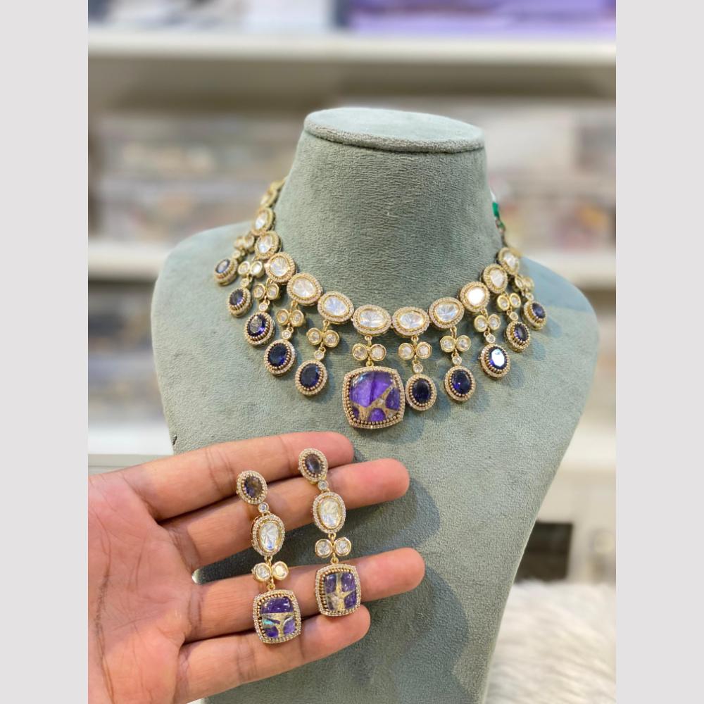 Hira Collections Gold Plated Polki Kundan And Druzy Stone Necklace Set