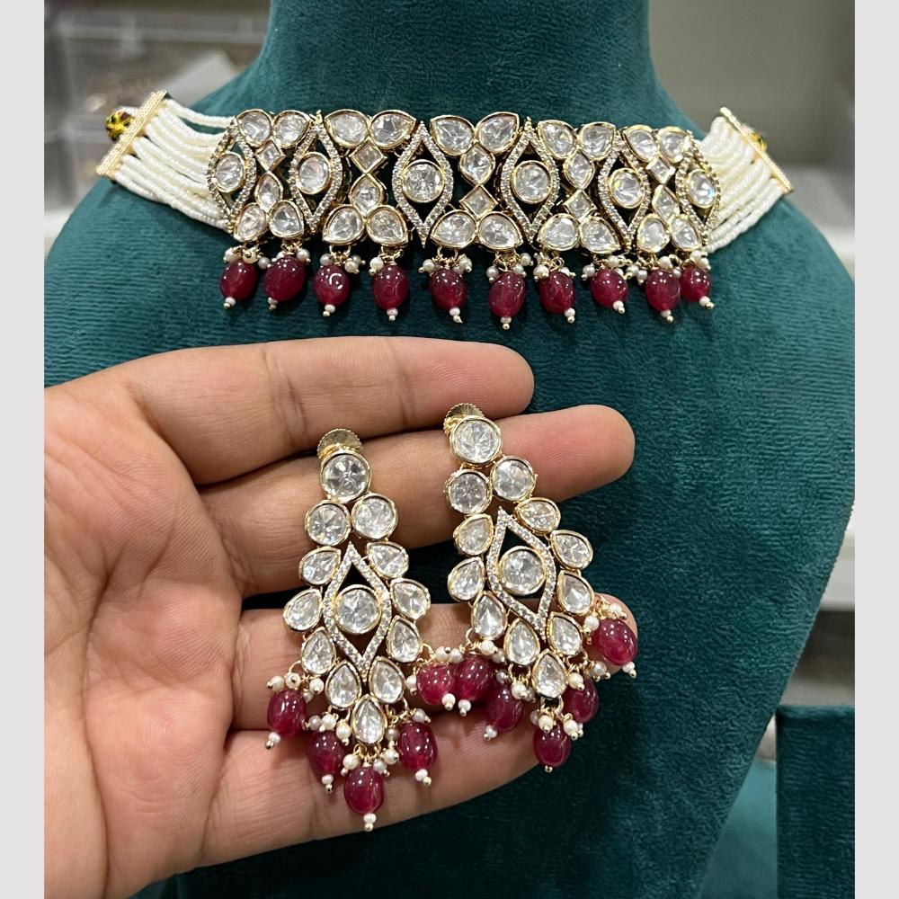 Hira Collections Gold Plated Polki Kundan And Pearls Choker Necklace Set