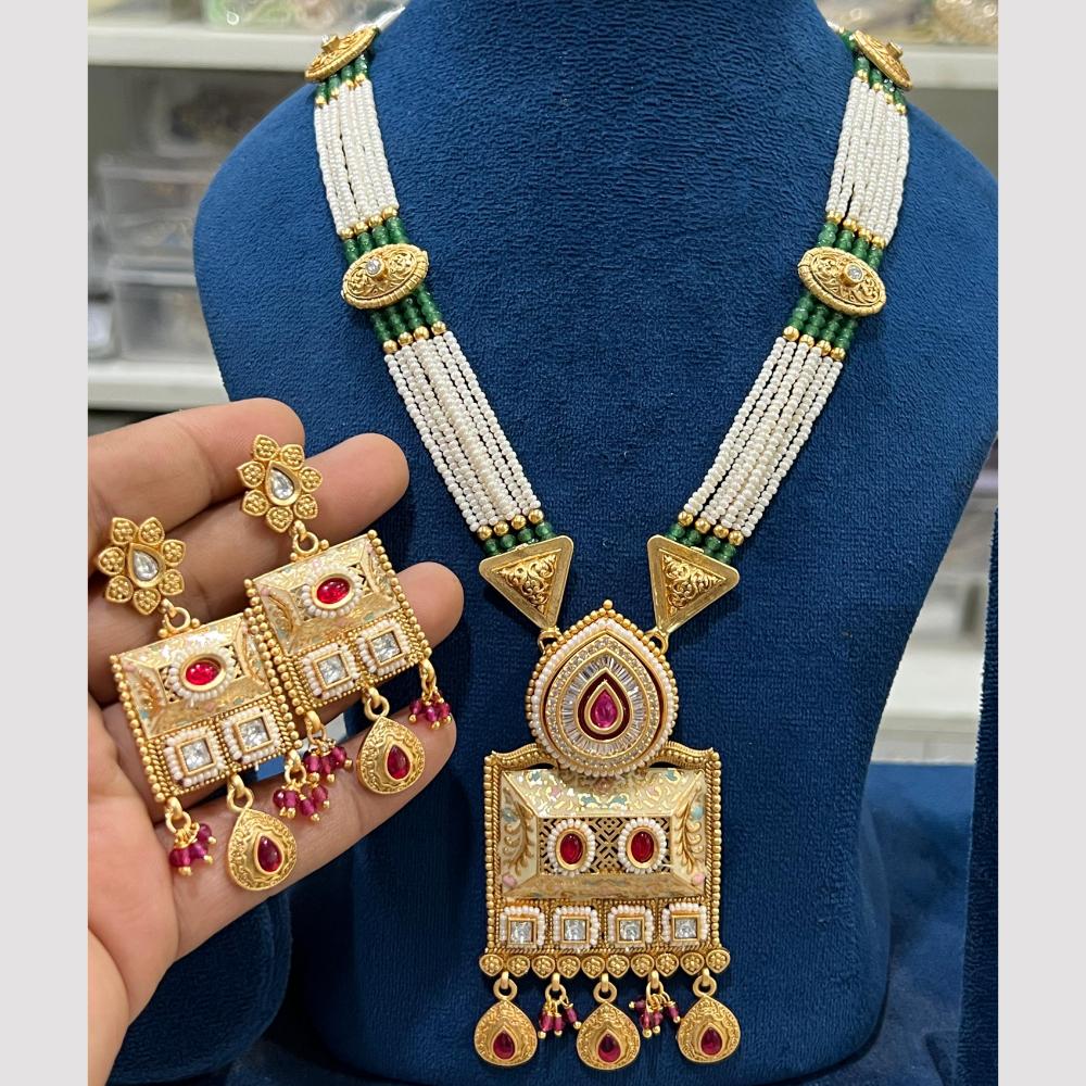 Hira Collections Gold Plated Pota And Pearl Meenakari Long Necklace Set