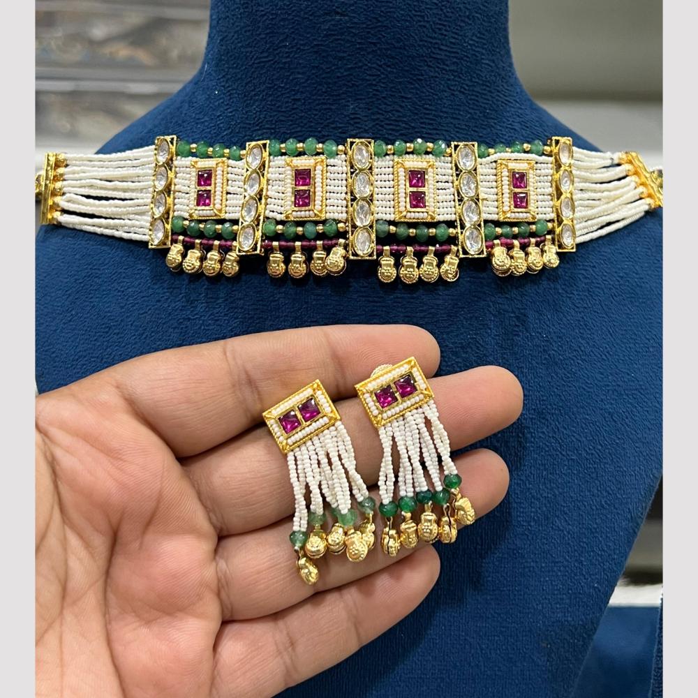Hira Collections Gold Plated Pota Stone And Beads Choker Necklace Set
