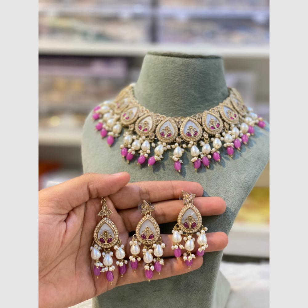 Hira Collections Crystal And Pearls Beads Necklace Set
