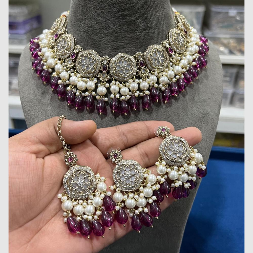 Hira Collections Crystal And Pearls Beads Necklace Set