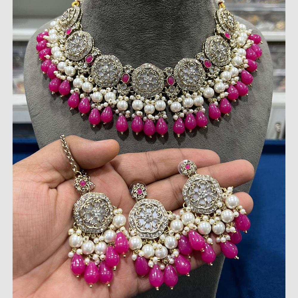 Hira Collections Crystal And Pearls Beads Necklace Set