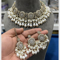 Hira Collections Crystal And Pearls Beads Necklace Set