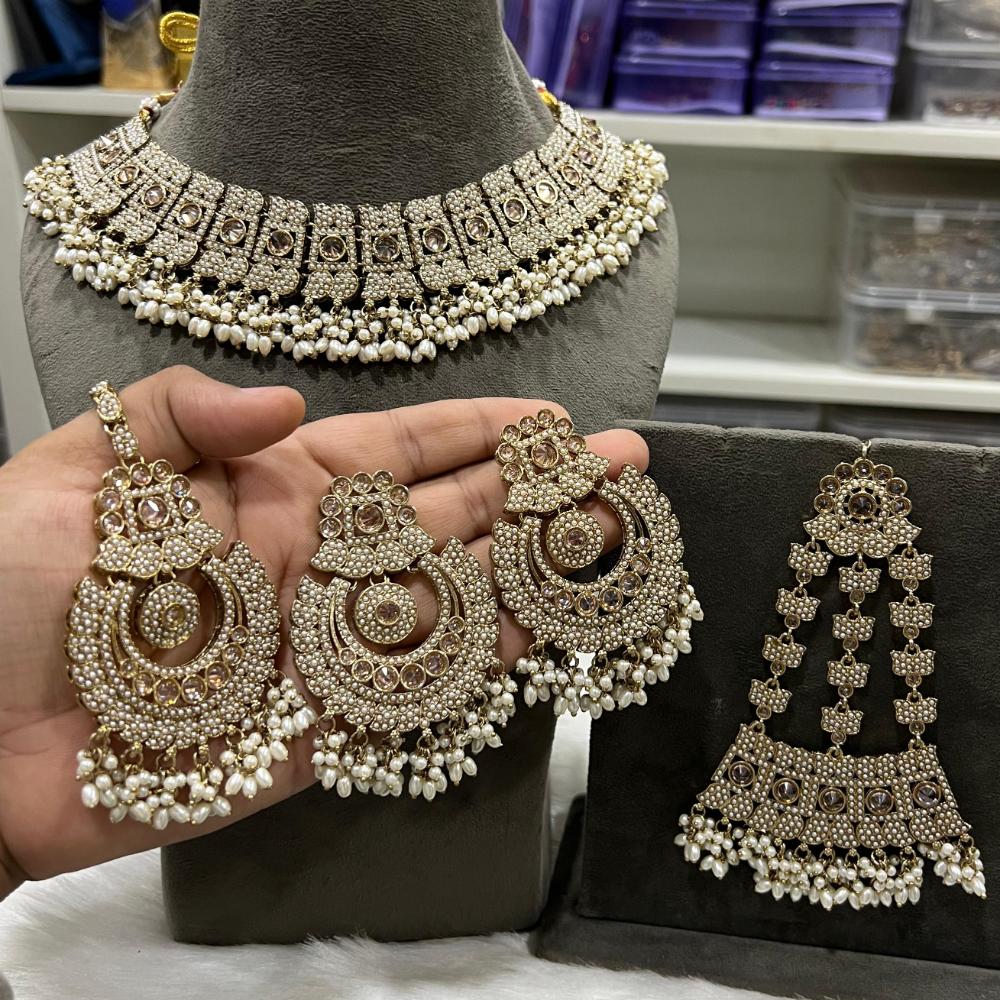 Hira Collections Crystal And Pearls Beads Choker Necklace Set