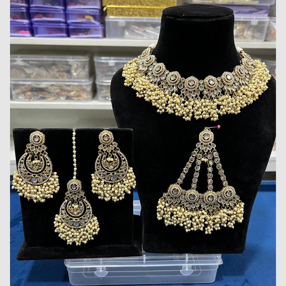 Hira Collections Crystal And Pearls Beads Choker Necklace Set