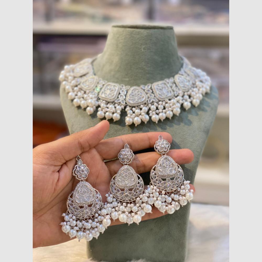Hira Collections Rhodium Crystal And Pearls Beads Choker Necklace Set