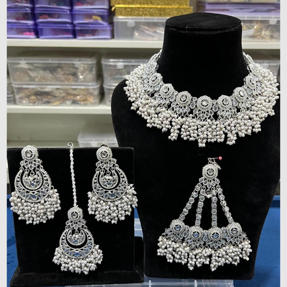 Hira Collections Rhodium Crystal And Pearls Beads Choker Necklace Set