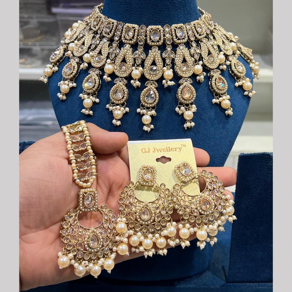 Hira Collections Crystal And Pearls Beads Necklace Set