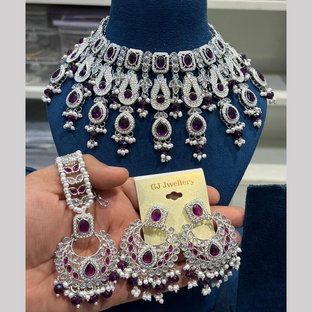 Hira Collections Rhodium Crystal And Pearls Beads Choker Necklace Set