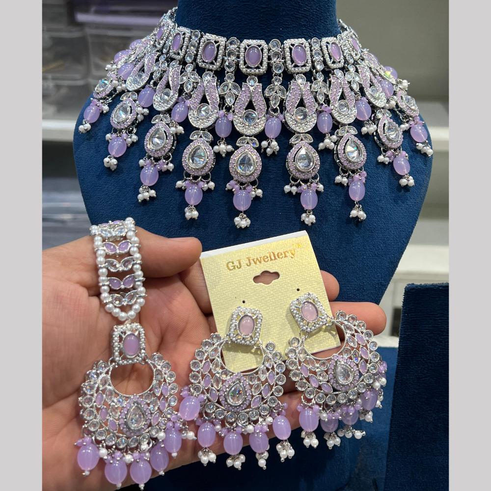 Hira Collections Rhodium Crystal And Pearls Beads Choker Necklace Set