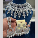 Hira Collections Rhodium Crystal And Pearls Beads Choker Necklace Set