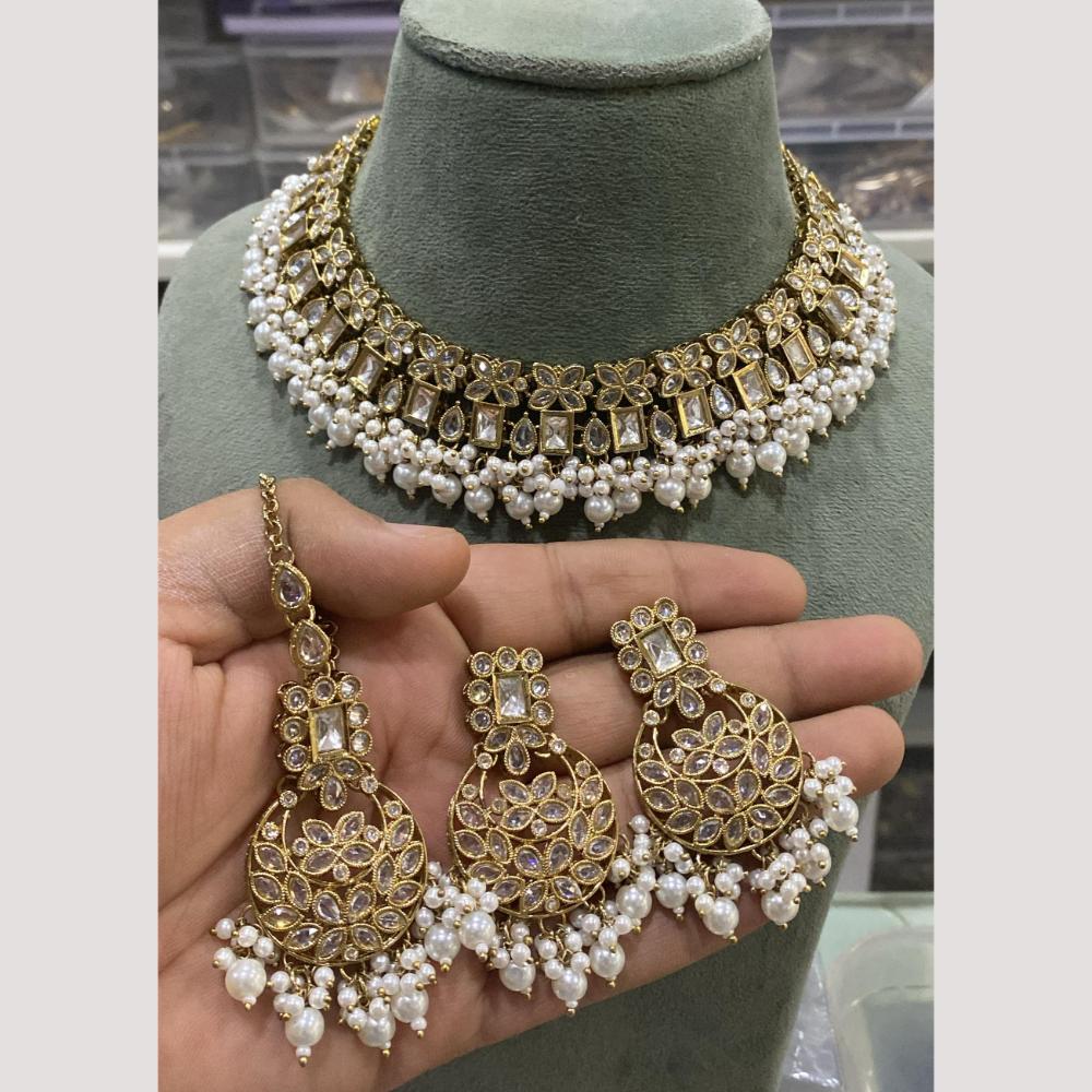 Hira Collections Elegant Crystal Stones And Pearls Choker Necklace Set
