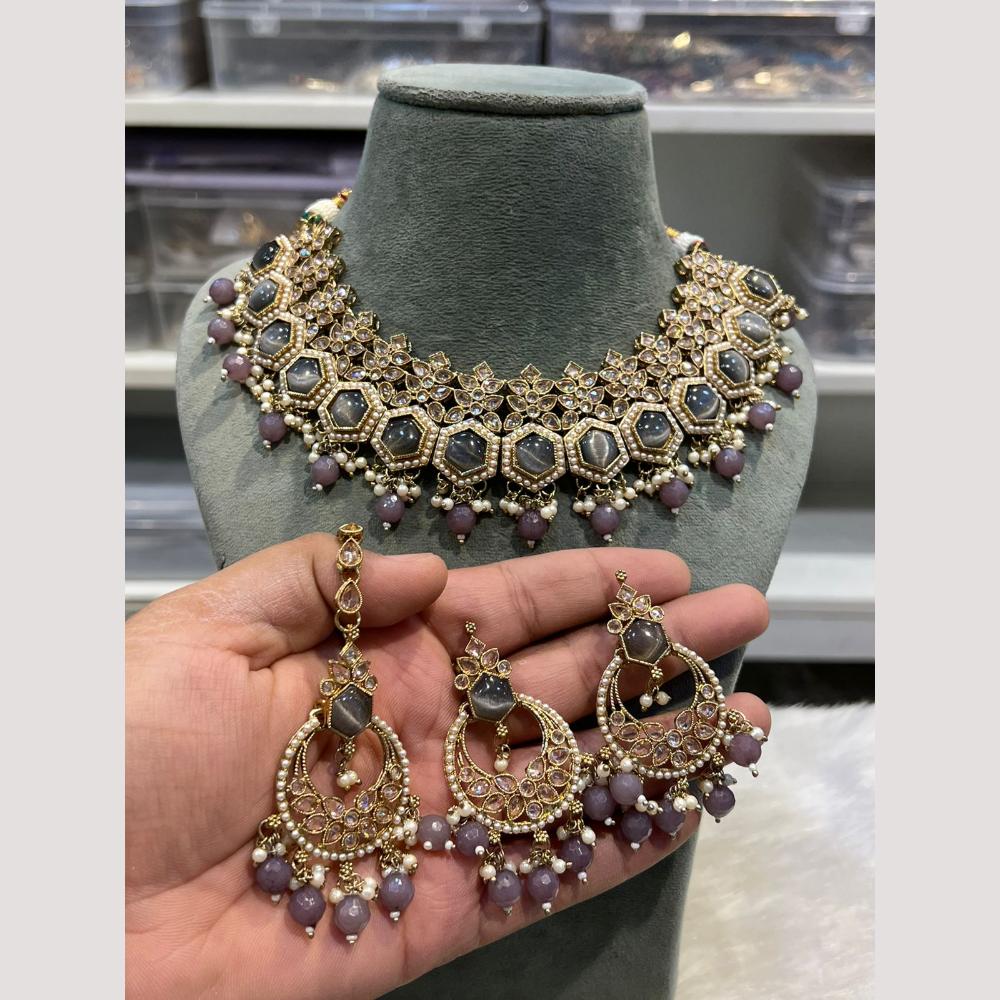 Hira Collections Elegant Crystal Stones And Pearls  Necklace Set