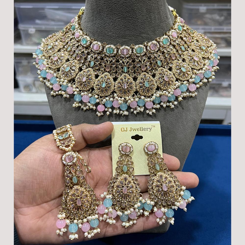 Hira Collections Elegant Crystal Stones And Pearls Choker Necklace Set