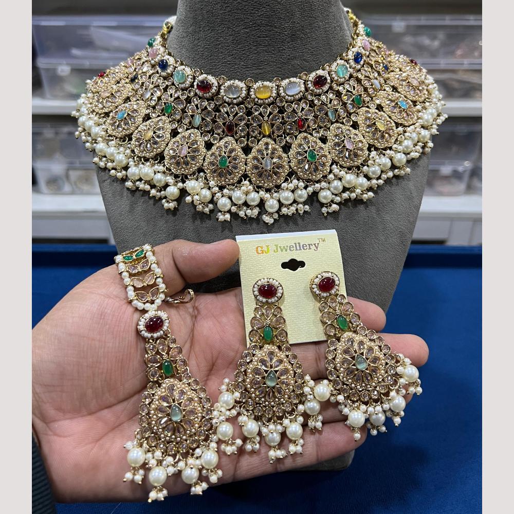 Hira Collections Elegant Crystal Stones And Pearls Choker Necklace Set