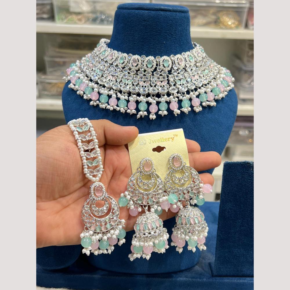 Hira Collections Elegant Crystal Stones And Pearls Choker Necklace Set