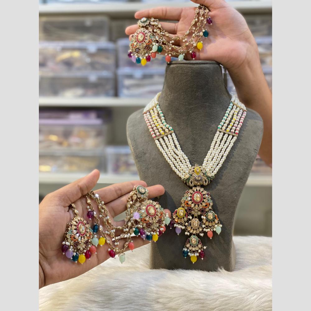 Hira Collections Empress Elegance Crystal Stone And Pearl Rani Har Long Neckalce Set