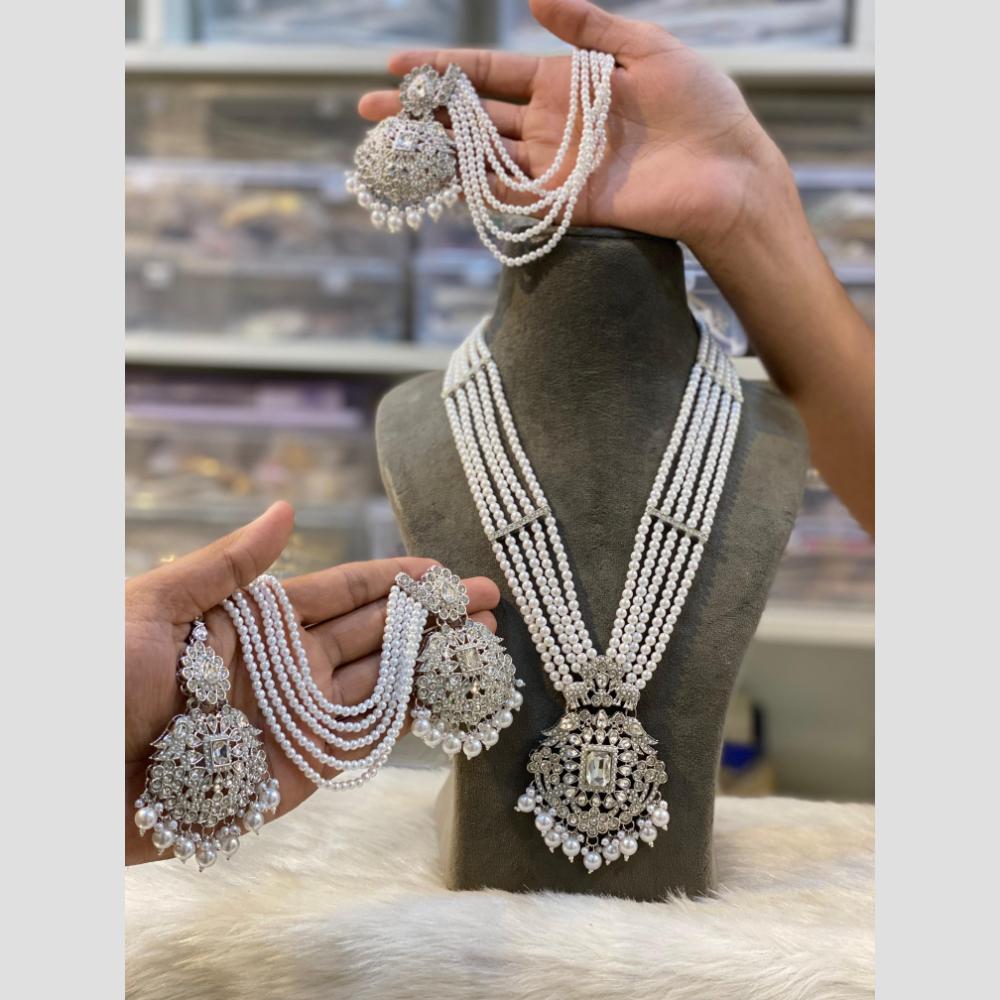 Hira Collections Empress Elegance Crystal Stone And Pearl Rani Har Long Neckalce Set