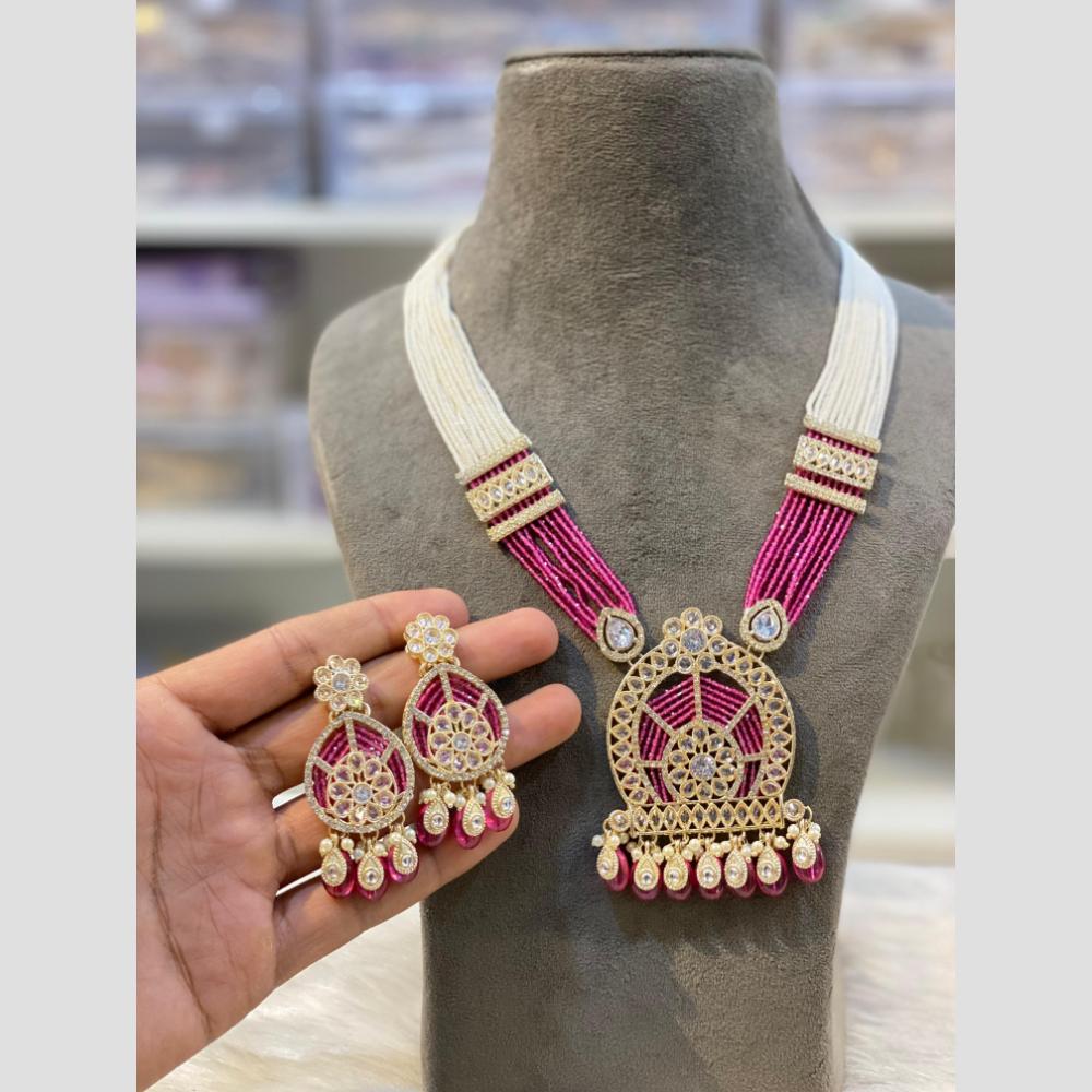 Hira Collections Runway Look Crystal Stone And Pearl Classic Rani Har Long Neckalce Set