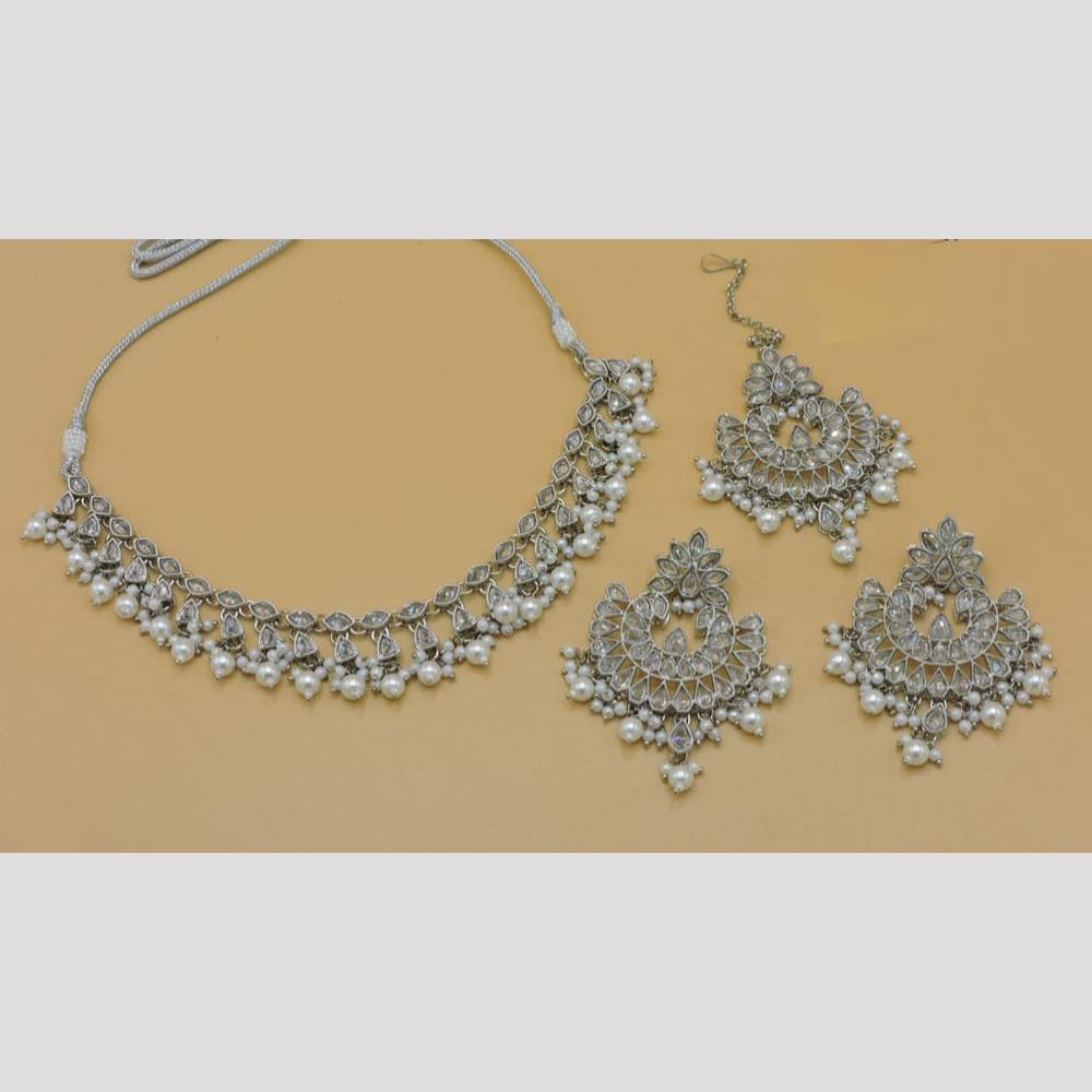 Hira Collections Stylish Rhodium Plated Crystal And Pearl Necklace Set