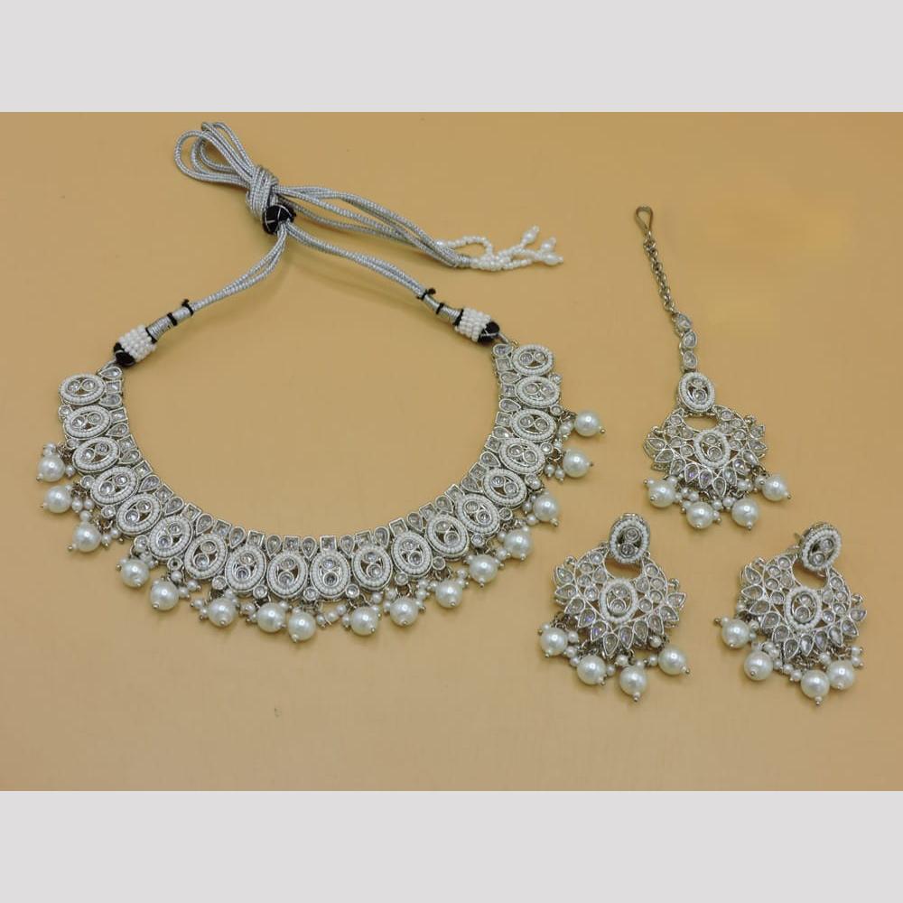 Hira Collections Stylish Rhodium Plated Crystal And Pearl Necklace Set
