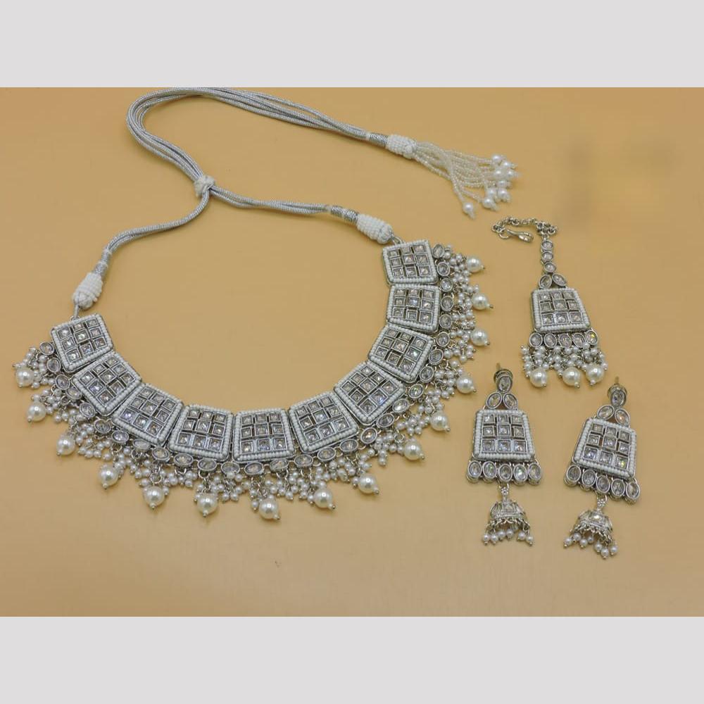 Hira Collections Stylish Rhodium Plated Crystal And Pearl Necklace Set