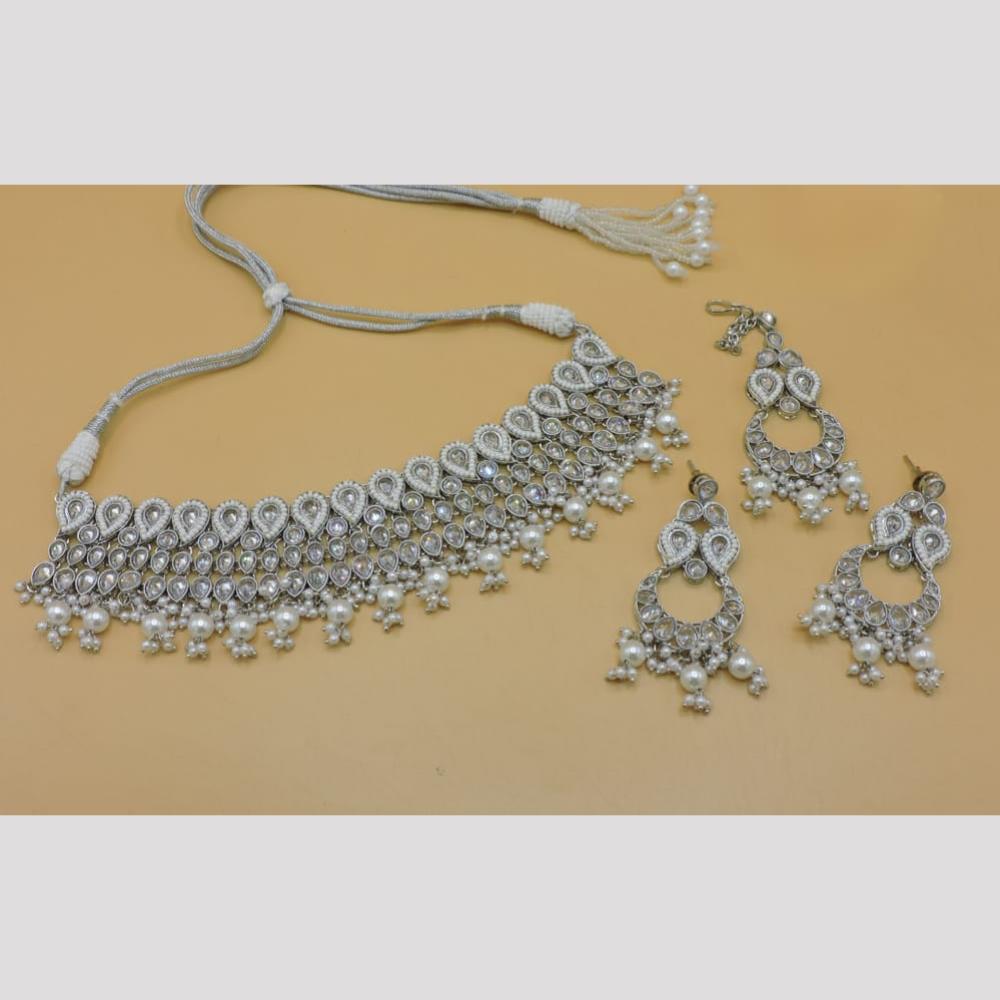 Hira Collections Stylish Rhodium Plated Crystal And Pearl Necklace Set