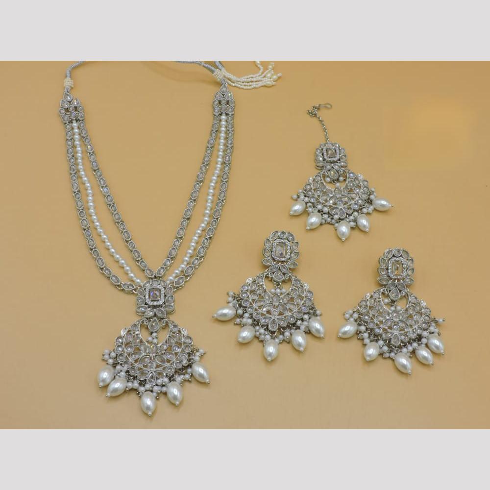 Hira Collections Stylish Rhodium Plated Crystal And Pearl Necklace Set