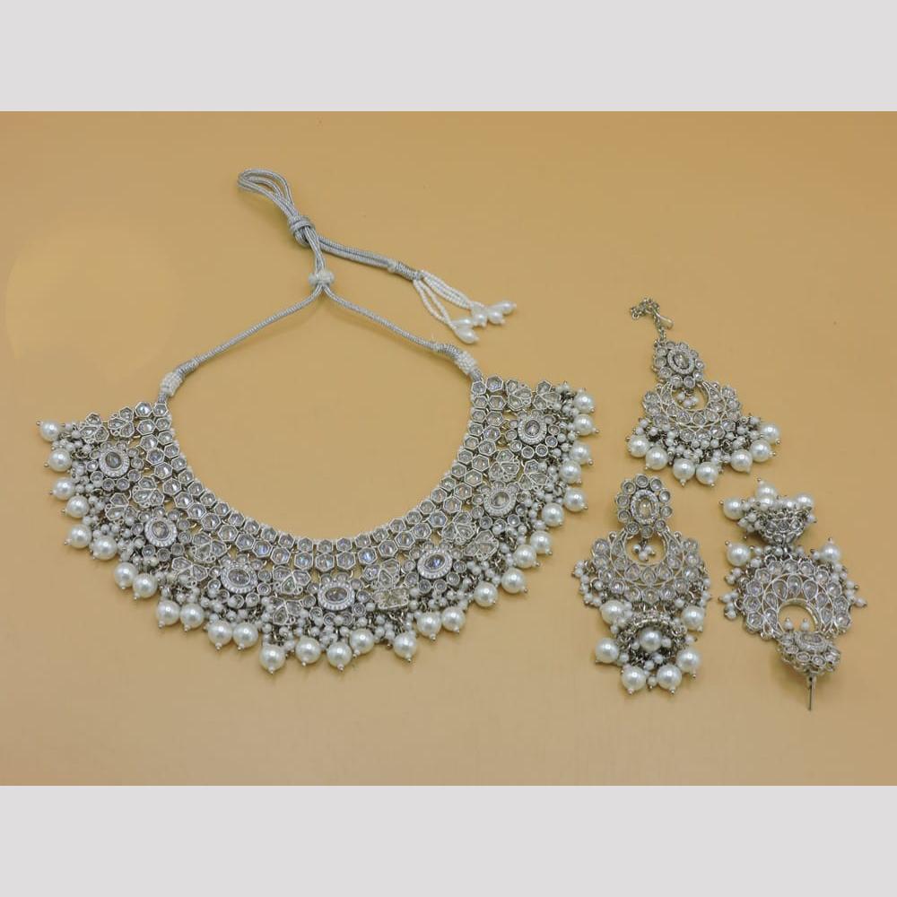 Hira Collections Stylish Rhodium Plated Crystal And Pearl Necklace Set
