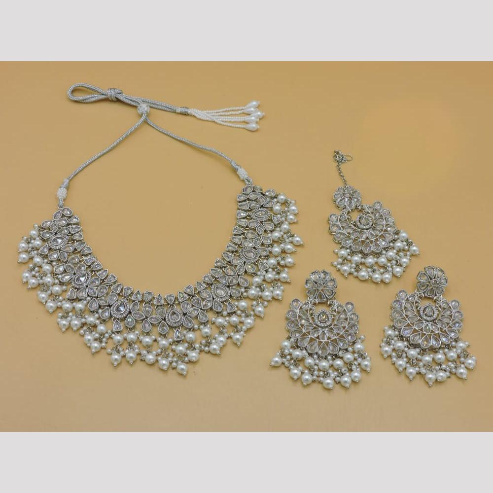Hira Collections Stylish Rhodium Plated Crystal And Pearl Necklace Set