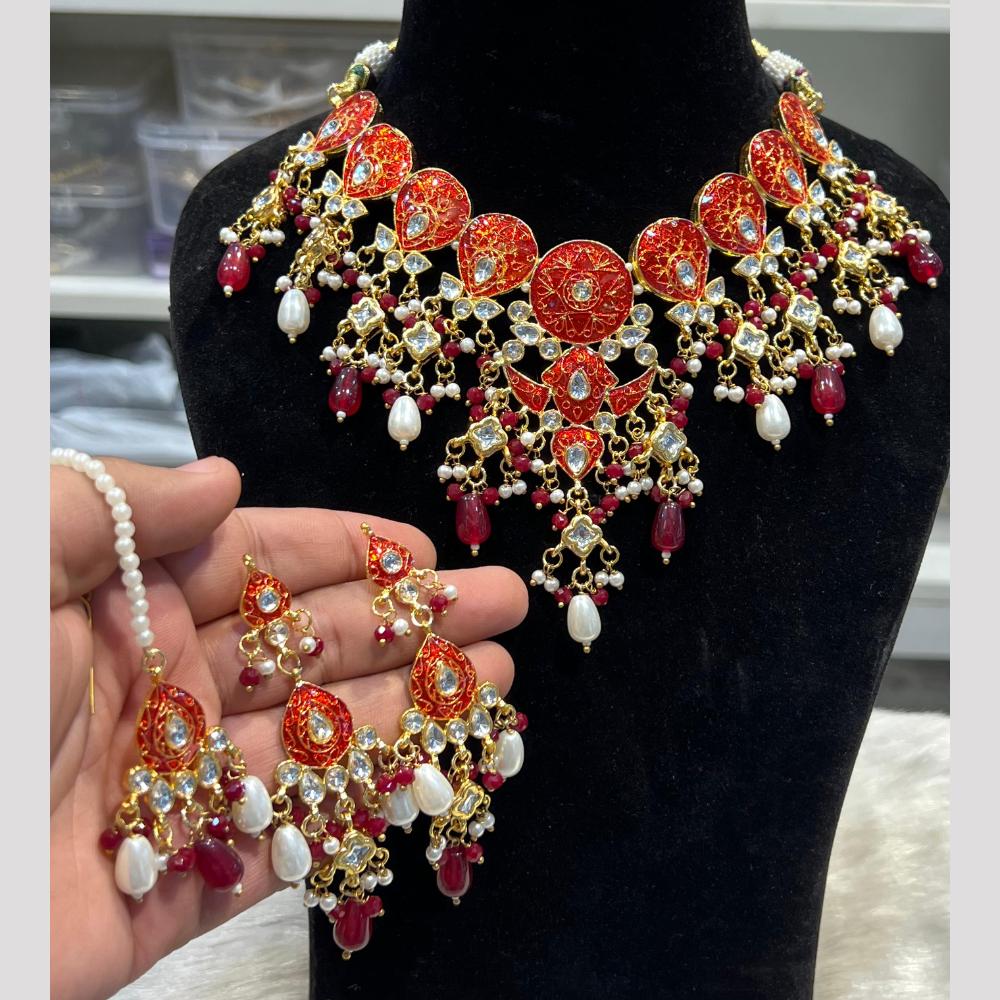 Hira Collections Festive Wear Kundan And Pearl Meenakari Necklace Set