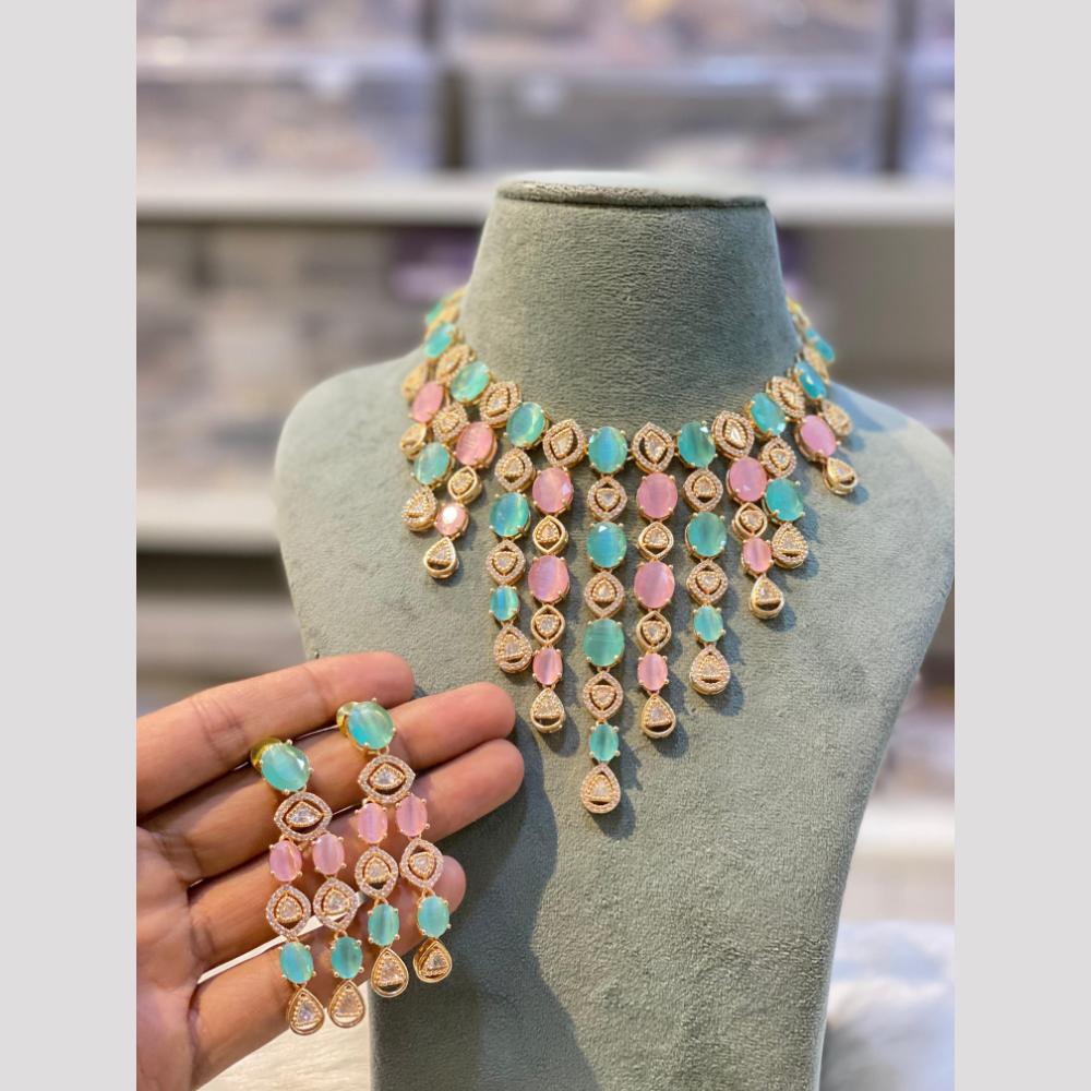 Hira Collections Designer Polki Kundan Stone And American Diamond Necklace Set Green Pink