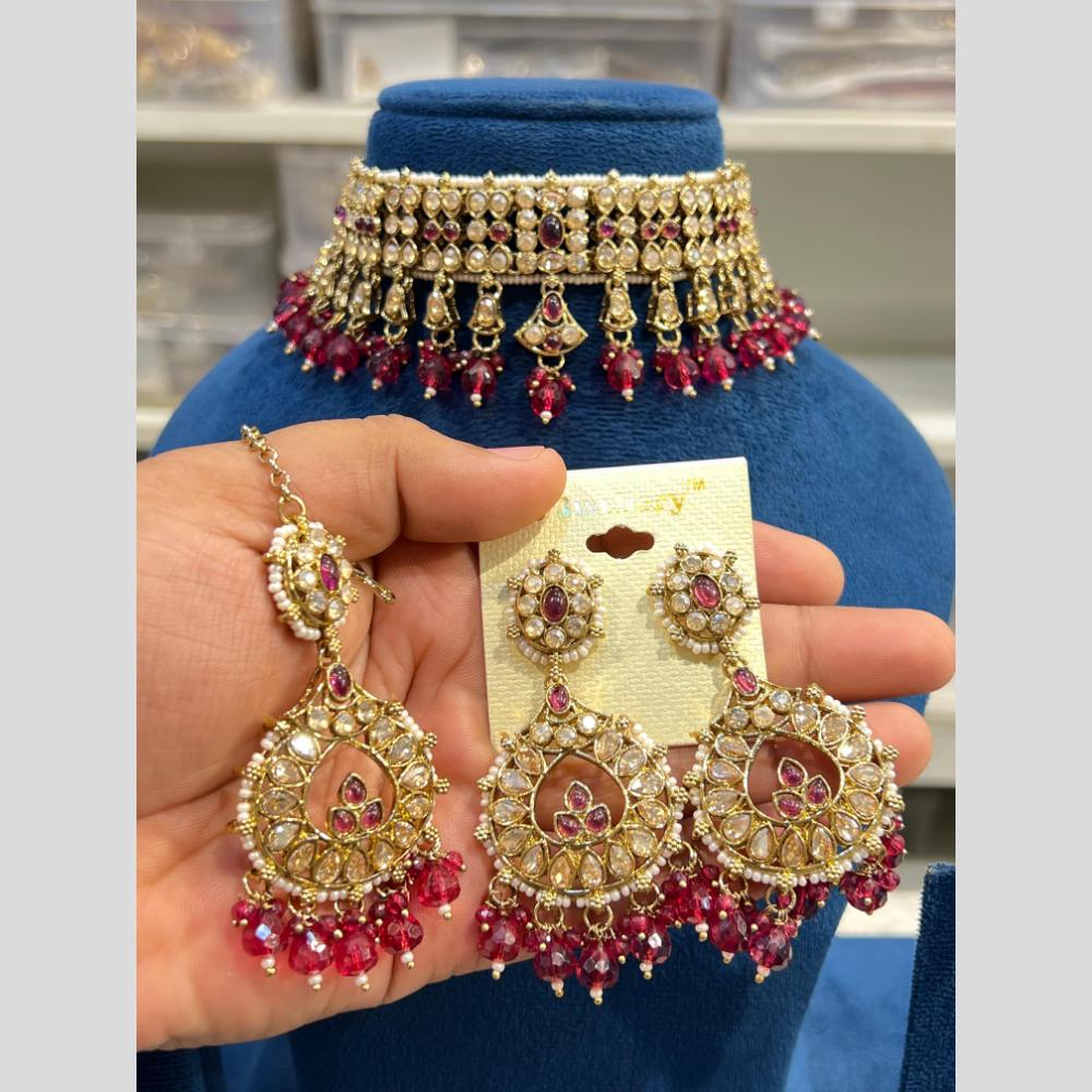 Hira Collections Elegant Gold Plated Austrian Stone And Pearl Choker Necklace Set