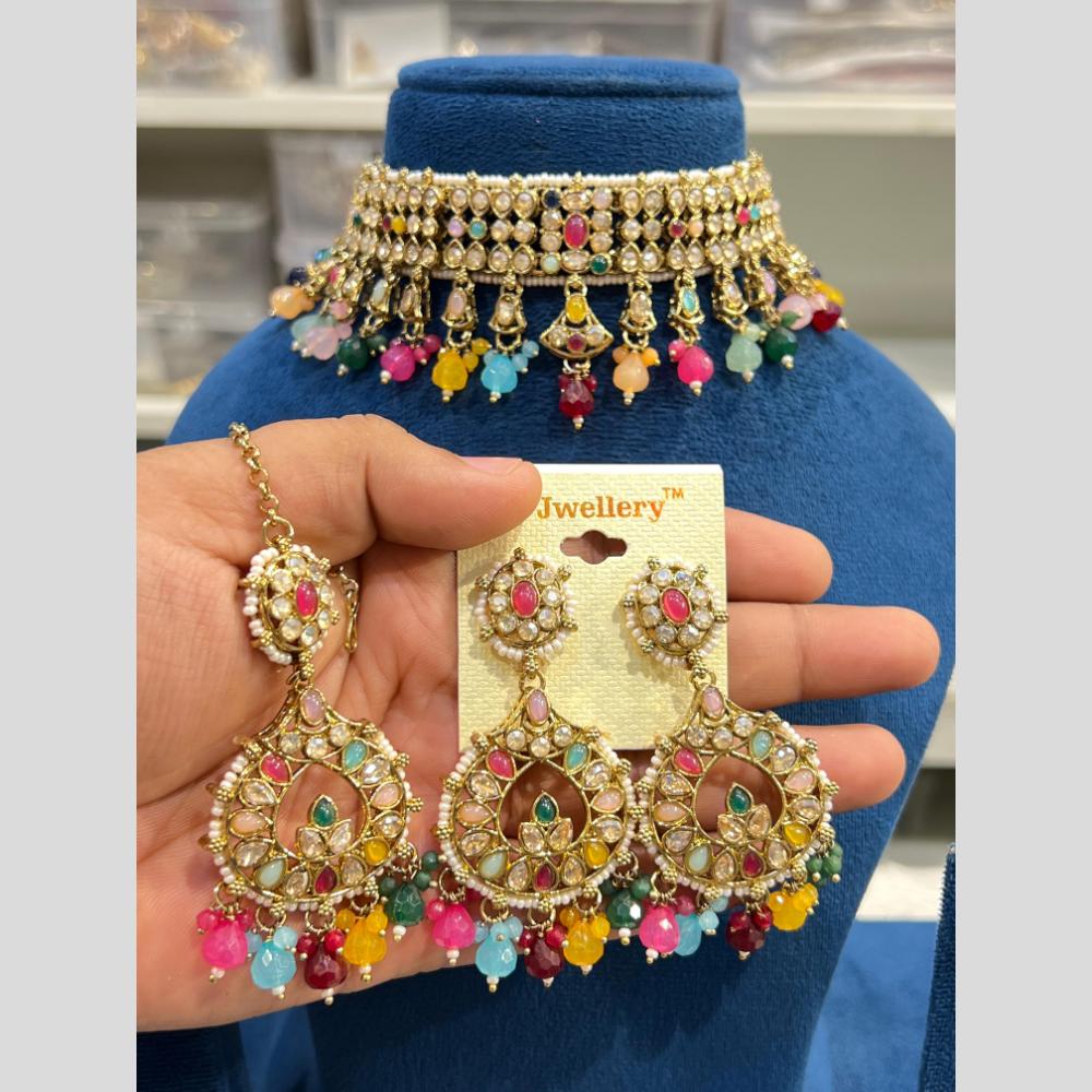 Hira Collections Elegant Gold Plated Austrian Stone And Pearl Choker Necklace Set
