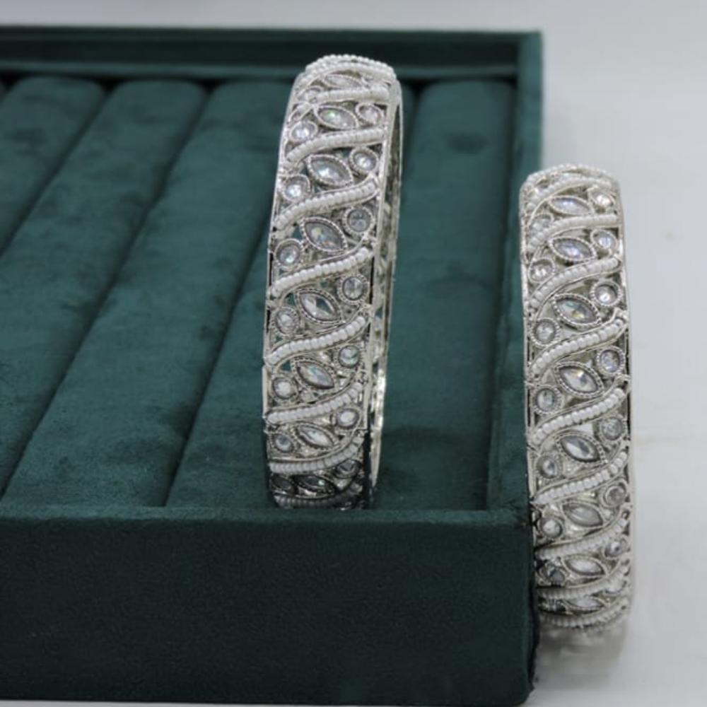 Hira Collections Elegant Rhodium Plated Crystal Stone And Pearl Bangles Set