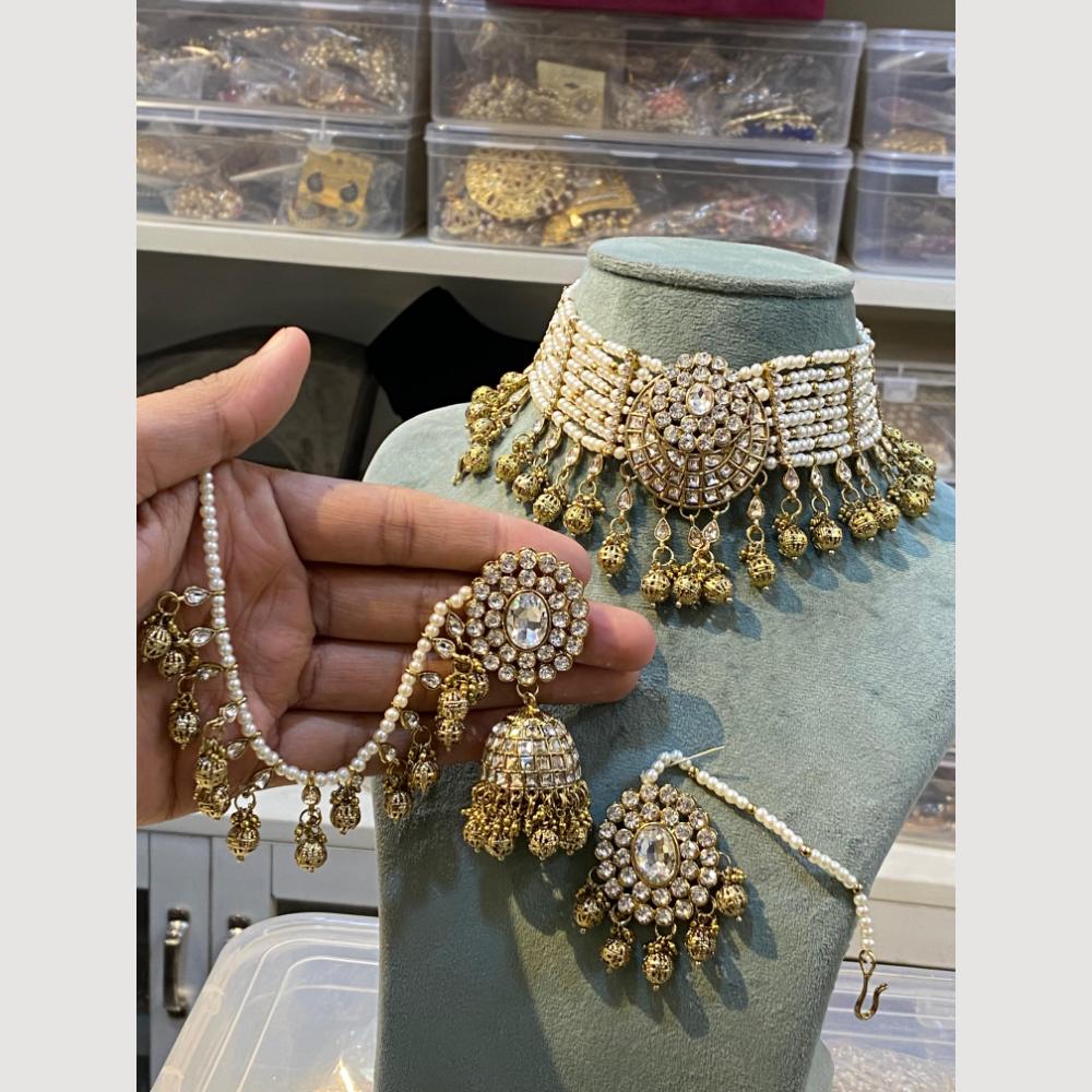Hira Collections Pearl Layer And Austrian With Beads Detaling Choker Necklace Set