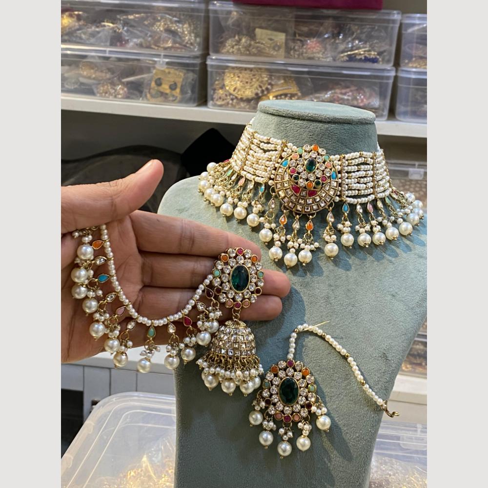 Hira Collections Pearl Layer And Austrian With Beads Detaling Choker Necklace Set