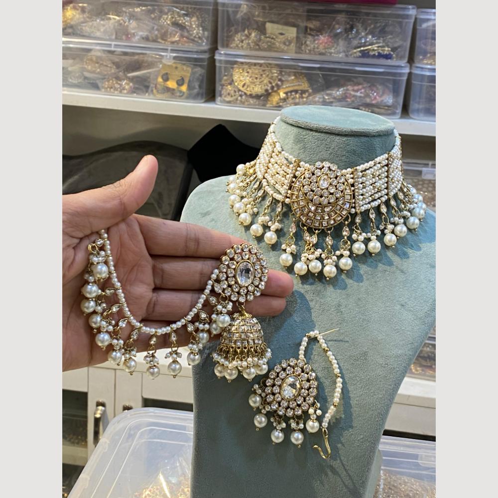 Hira Collections Pearl Layer And Austrian With Beads Detaling Choker Necklace Set