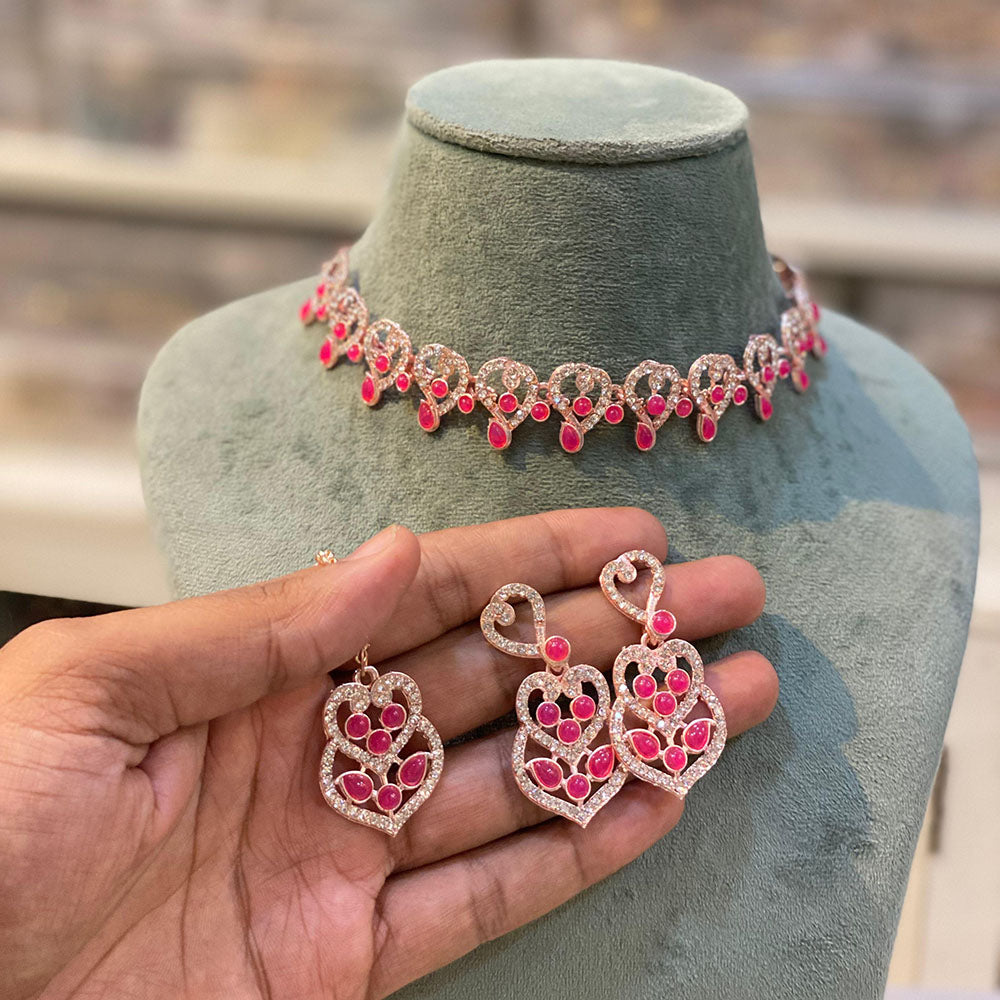 Hira Collection Designer Crystal Stone Necklace Set with Matching Earrings & Maangtikka